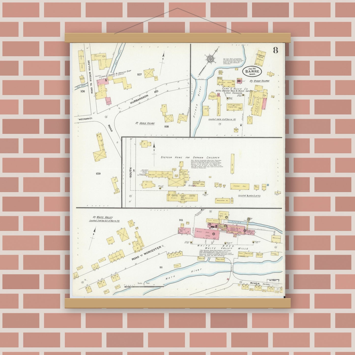 Old map wall art mockup — magnetic wood frame on brick wall — Sanborn Fire Insurance Map from Barre, Worcester County, Massachusetts (1911), Sheet #0008