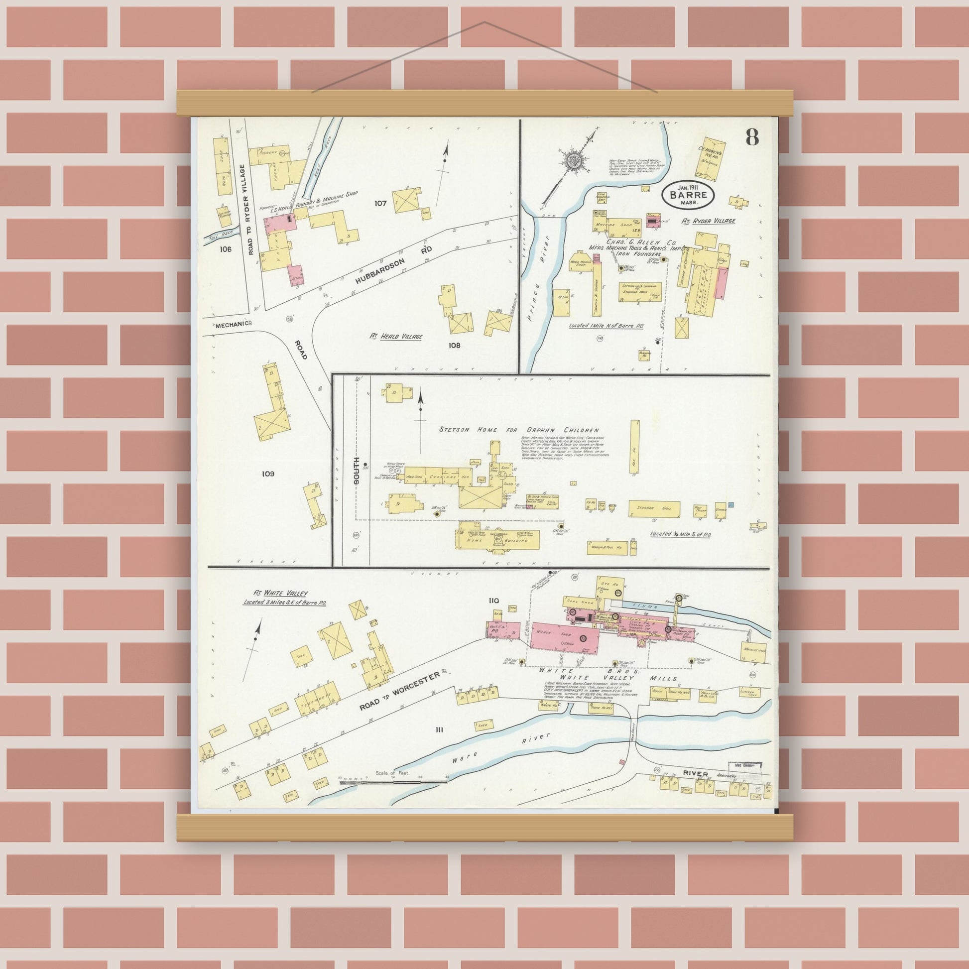 Old map wall art mockup — magnetic wood frame on brick wall — Sanborn Fire Insurance Map from Barre, Worcester County, Massachusetts (1911), Sheet #0008