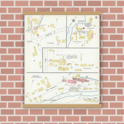 Old map wall art mockup — magnetic wood frame on brick wall — Sanborn Fire Insurance Map from Barre, Worcester County, Massachusetts (1911), Sheet #0008