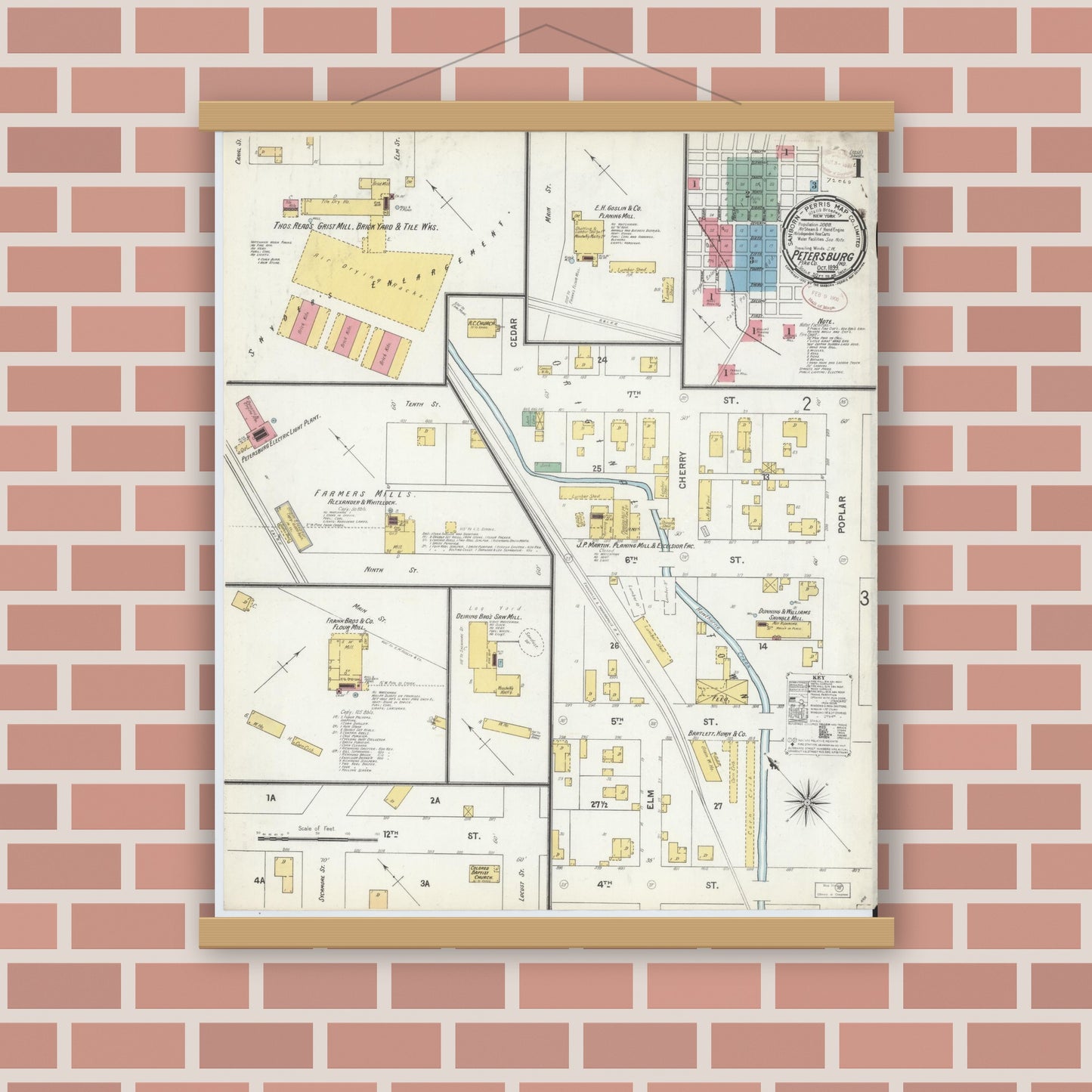 Old map wall art mockup — magnetic wood frame on brick wall — Sanborn Fire Insurance Map from Petersburg, Pike County, Indiana (1899) - Complete Map Set
