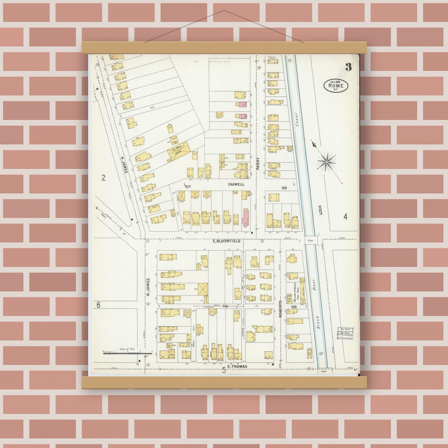 Old map wall art mockup — magnetic wood frame on brick wall — Sanborn Fire Insurance Map from Rome, Oneida County, New York (1899), Sheet #0003