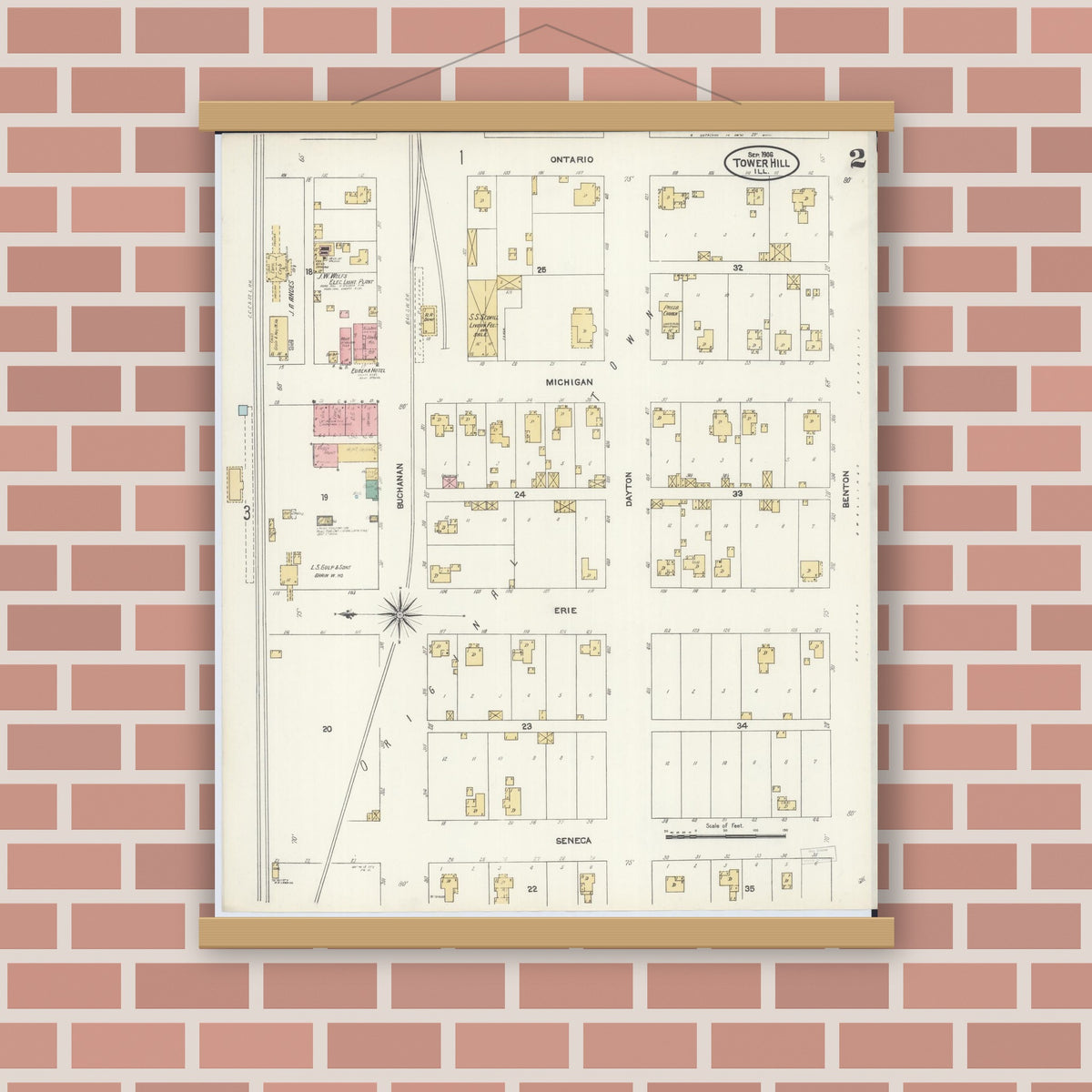 Old map wall art mockup — magnetic wood frame on brick wall — Sanborn Fire Insurance Map from Tower Hill, Shelby County, Illinois (1906), Sheet #0002