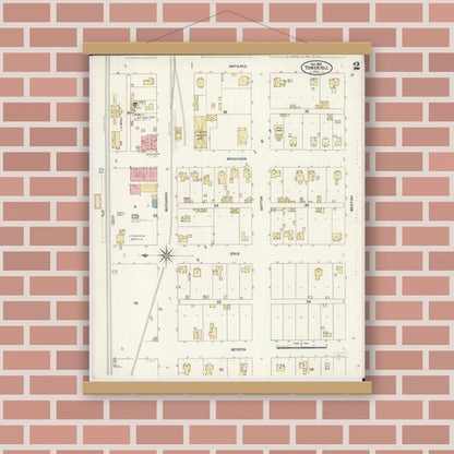 Old map wall art mockup — magnetic wood frame on brick wall — Sanborn Fire Insurance Map from Tower Hill, Shelby County, Illinois (1906), Sheet #0002