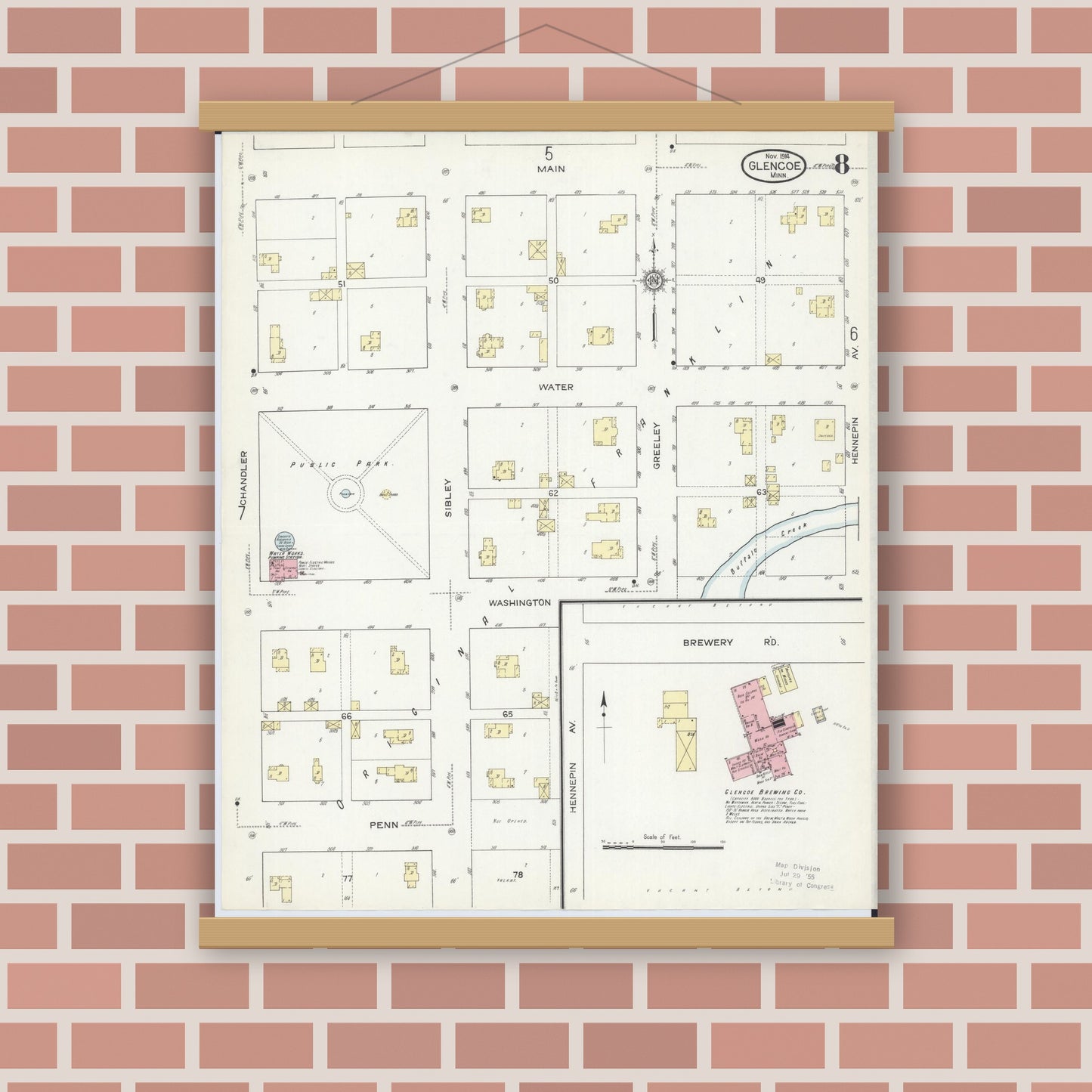 Old map wall art mockup — magnetic wood frame on brick wall — Sanborn Fire Insurance Map from Glencoe, Mcleod County, Minnesota (1914), Sheet #0008