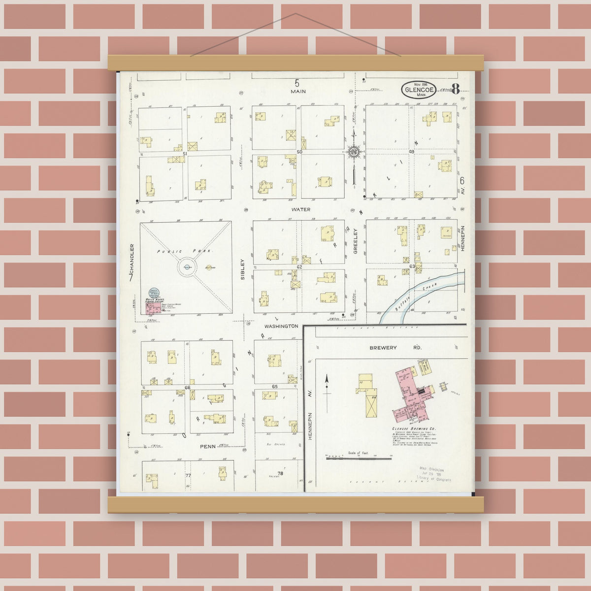 Old map wall art mockup — magnetic wood frame on brick wall — Sanborn Fire Insurance Map from Glencoe, Mcleod County, Minnesota (1914), Sheet #0008