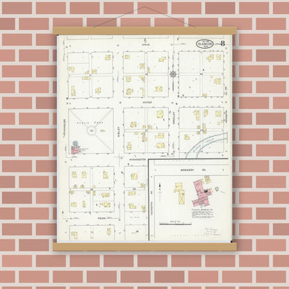 Old map wall art mockup — magnetic wood frame on brick wall — Sanborn Fire Insurance Map from Glencoe, Mcleod County, Minnesota (1914), Sheet #0008
