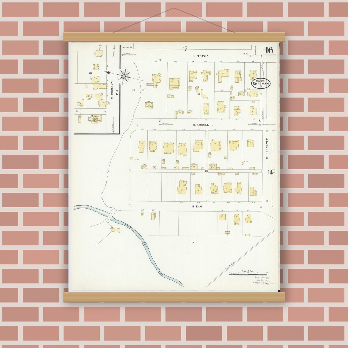 Old map wall art mockup — magnetic wood frame on brick wall — Sanborn Fire Insurance Map from Sherman, Grayson County, Texas (1908), Sheet #0016