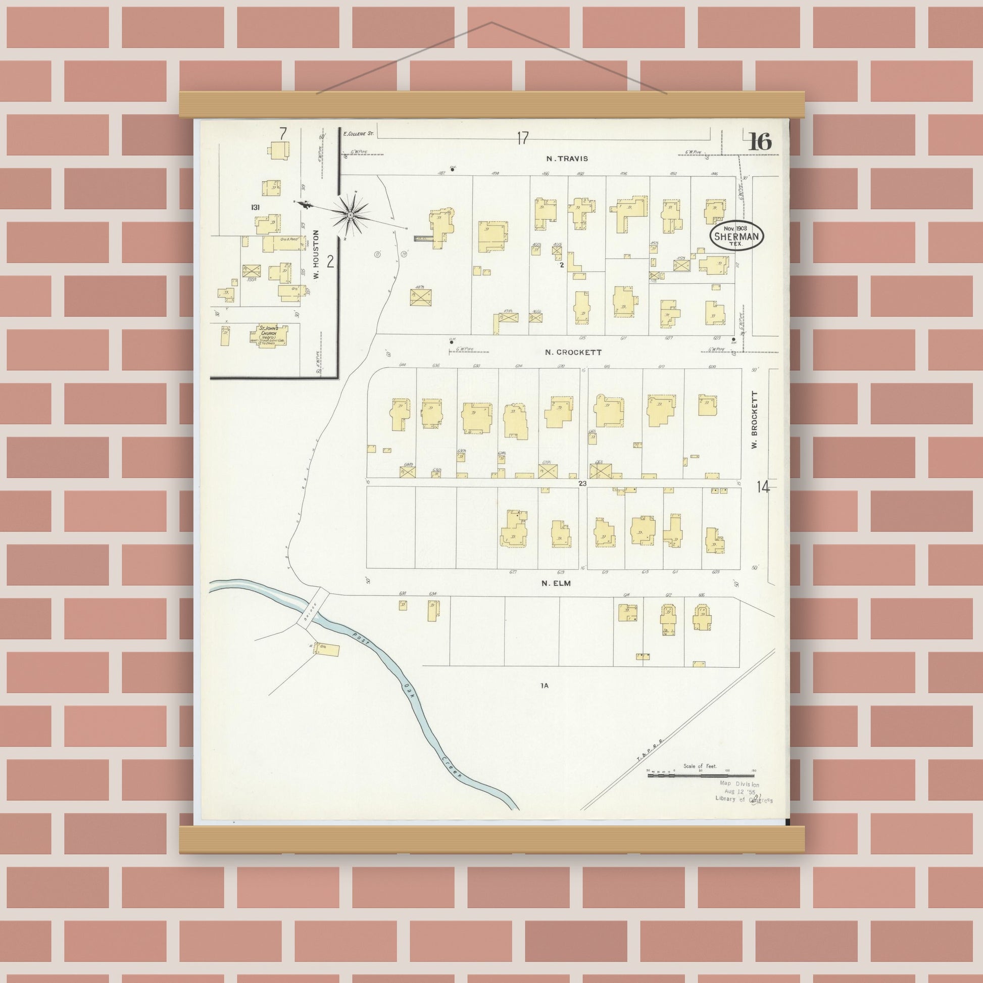Old map wall art mockup — magnetic wood frame on brick wall — Sanborn Fire Insurance Map from Sherman, Grayson County, Texas (1908), Sheet #0016