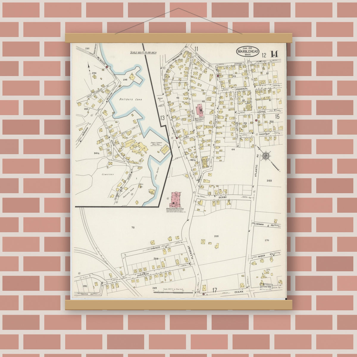 Old map wall art mockup — magnetic wood frame on brick wall — Sanborn Fire Insurance Map from Marblehead, Essex County, Massachusetts (1915), Sheet #0014