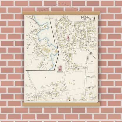 Old map wall art mockup — magnetic wood frame on brick wall — Sanborn Fire Insurance Map from Marblehead, Essex County, Massachusetts (1915), Sheet #0014