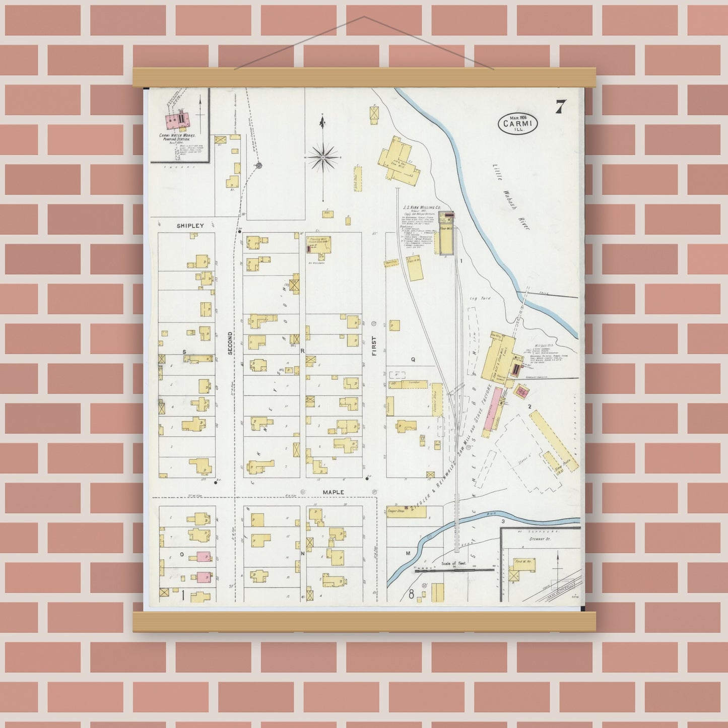 Old map wall art mockup — magnetic wood frame on brick wall — Sanborn Fire Insurance Map from Carmi, White County, Illinois (1906), Sheet #0007