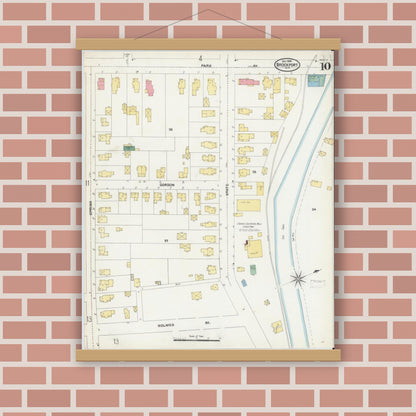 Old map wall art mockup — magnetic wood frame on brick wall — Sanborn Fire Insurance Map from Brockport, Monroe County, New York (1904), Sheet #0010