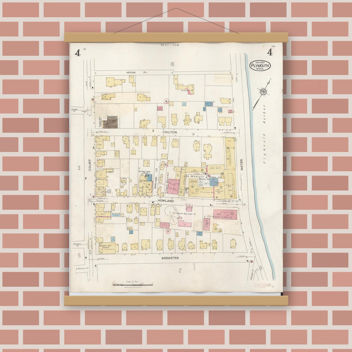 Old map wall art mockup — magnetic wood frame on brick wall — Sanborn Fire Insurance Map from Plymouth, Plymouth County, Massachusetts (1948), Sheet #0004