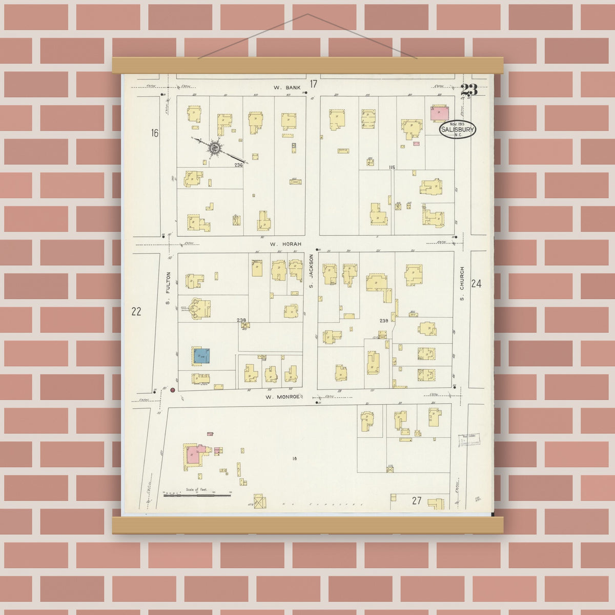 Old map wall art mockup — magnetic wood frame on brick wall — Sanborn Fire Insurance Map from Salisbury, Rowan County, North Carolina (1913), Sheet #0023
