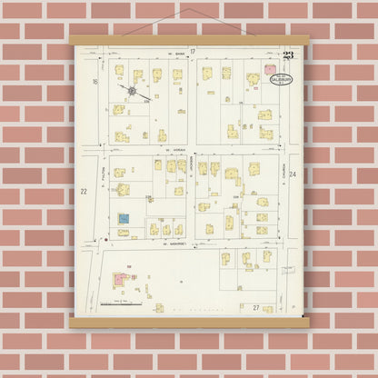 Old map wall art mockup — magnetic wood frame on brick wall — Sanborn Fire Insurance Map from Salisbury, Rowan County, North Carolina (1913), Sheet #0023