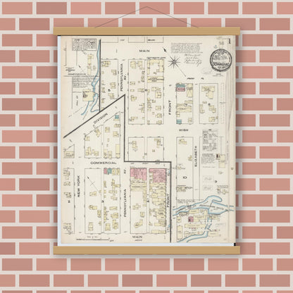 Old map wall art mockup — magnetic wood frame on brick wall — Sanborn Fire Insurance Map from Dowagiac, Cass County, Michigan (1884), Sheet #0001