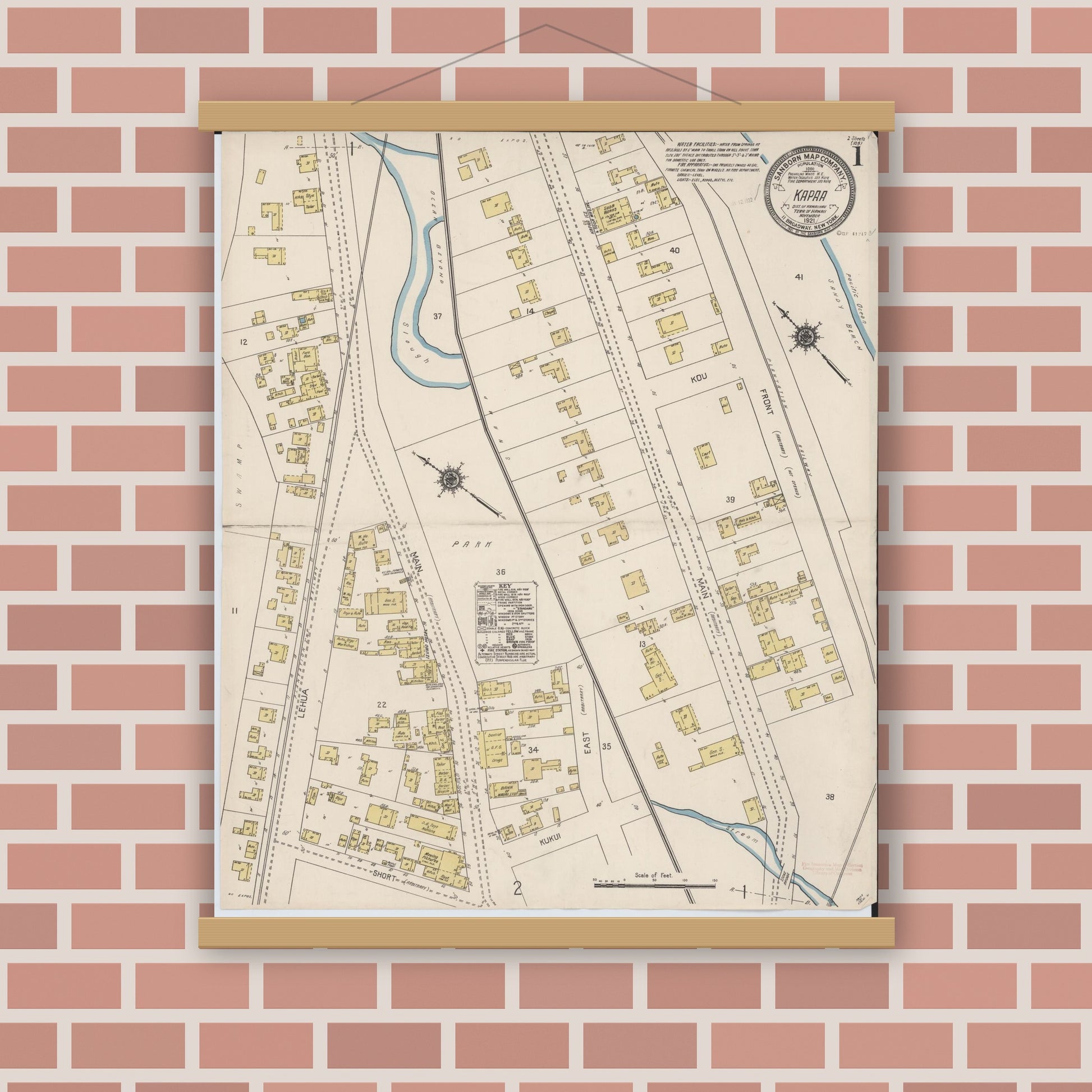 Old map wall art mockup — magnetic wood frame on brick wall — Sanborn Fire Insurance Map from Kapaa, Kauai County, Hawaii (1921) - Complete Map Set