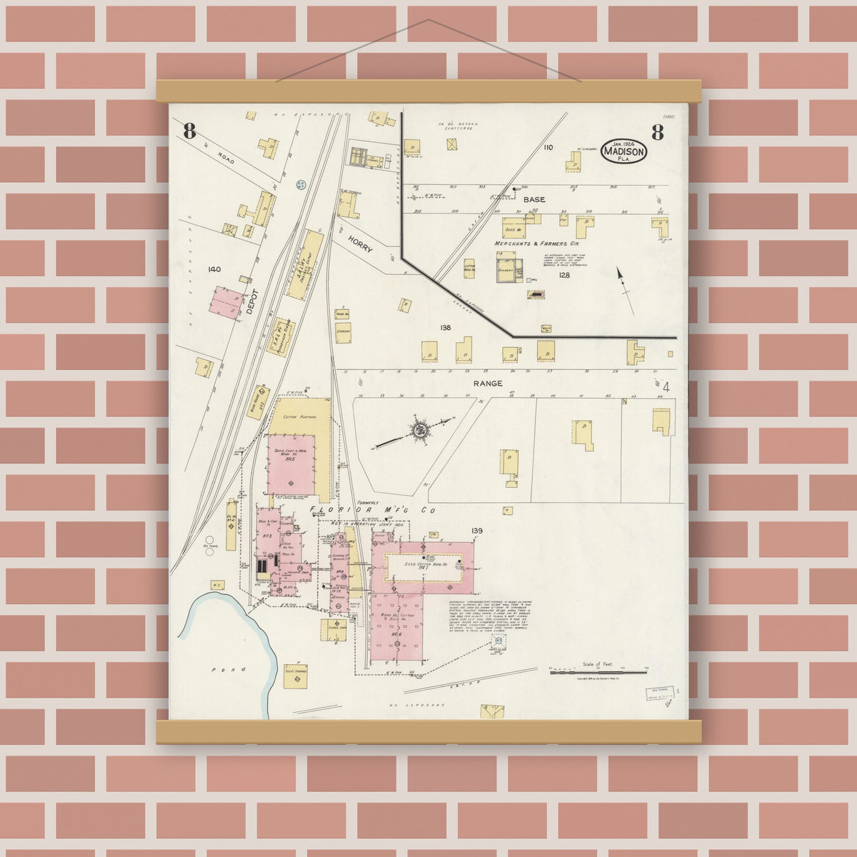Old map wall art mockup — magnetic wood frame on brick wall — Sanborn Fire Insurance Map from Madison, Madison County, Florida (1924), Sheet #0008