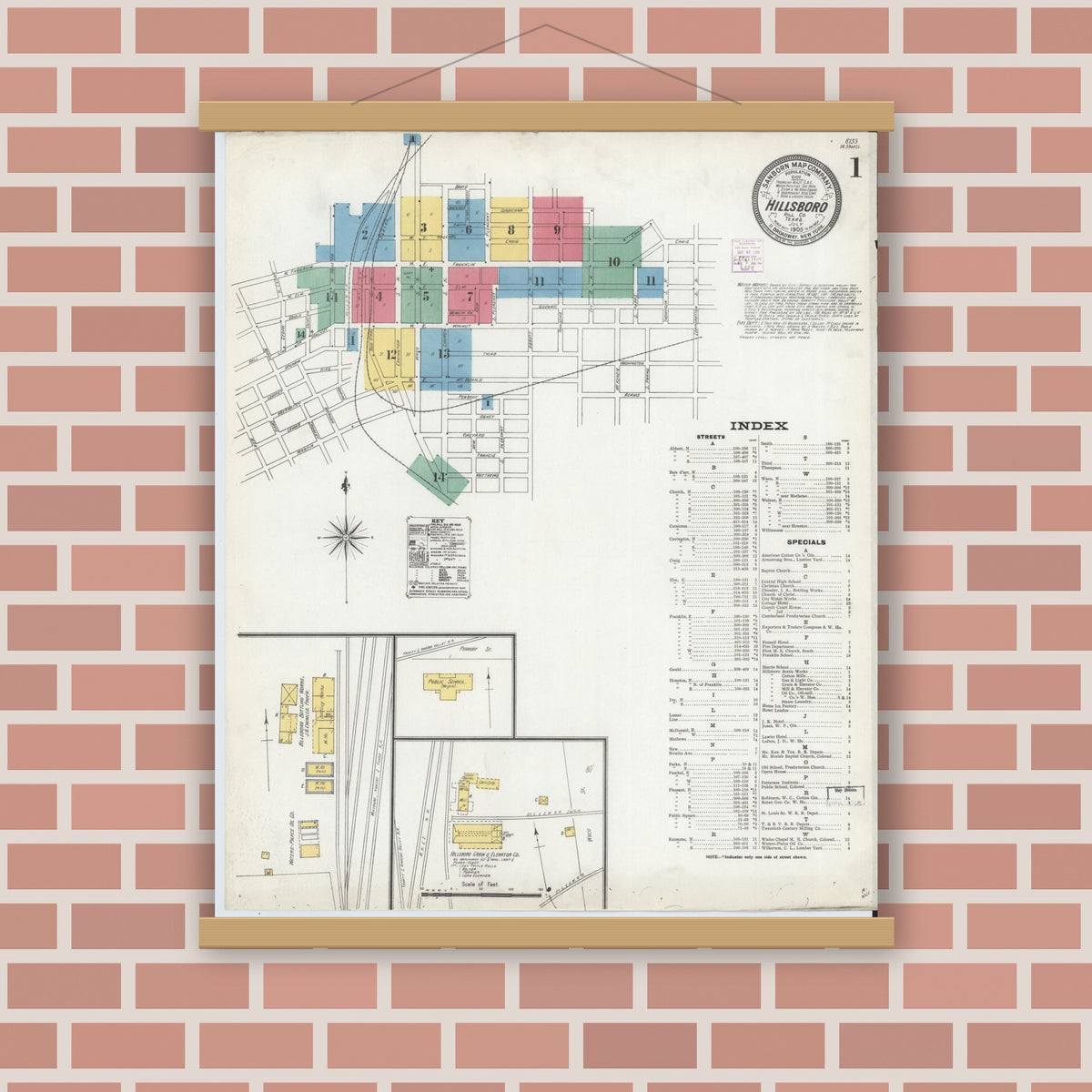 Old map wall art mockup — magnetic wood frame on brick wall — Sanborn Fire Insurance Map from Hillsboro, Hill County, Texas (1905), Sheet #0001