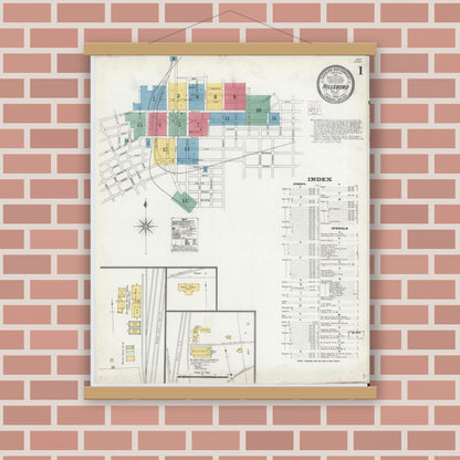 Old map wall art mockup — magnetic wood frame on brick wall — Sanborn Fire Insurance Map from Hillsboro, Hill County, Texas (1905), Sheet #0001