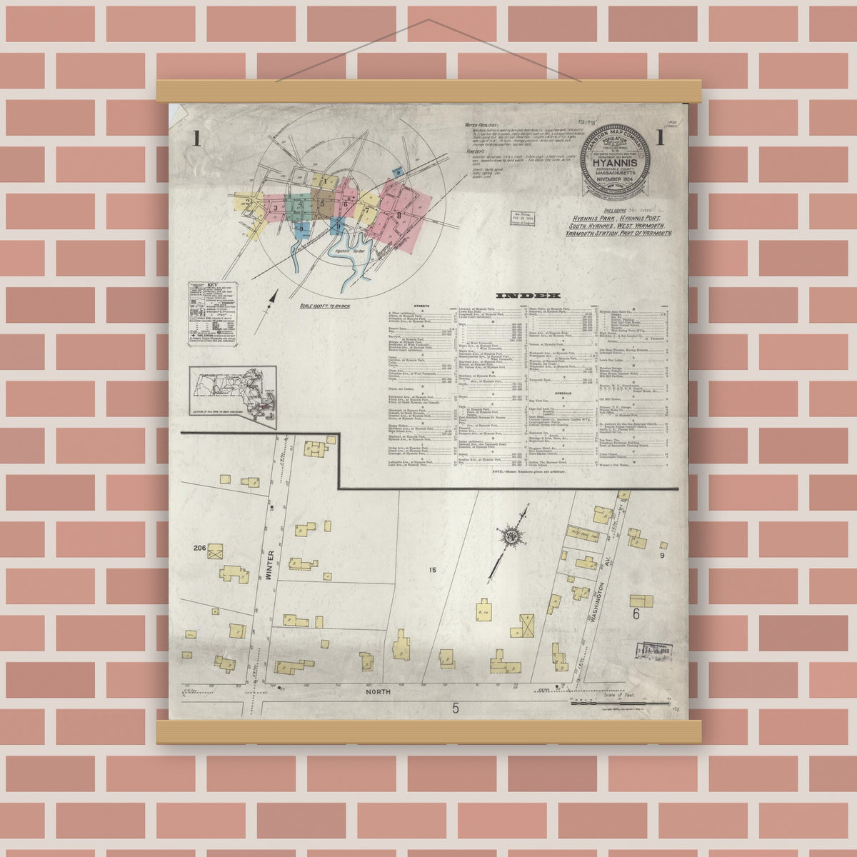 Old map wall art mockup — magnetic wood frame on brick wall — Sanborn Fire Insurance Map from Hyannis, Barnstable County, Massachusetts (1924), Sheet #0001