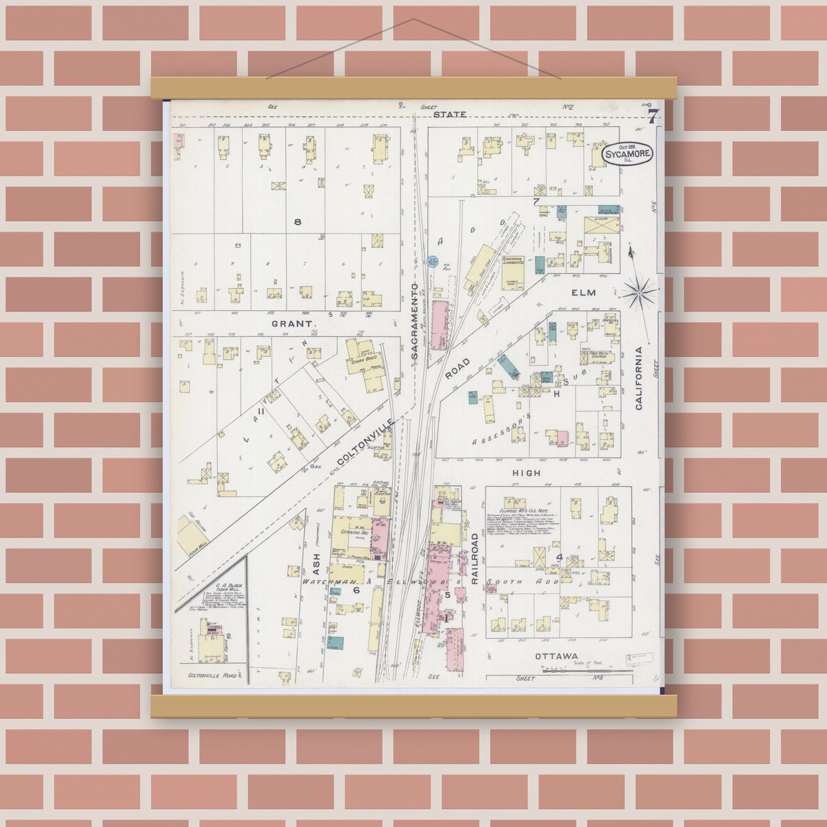 Old map wall art mockup — magnetic wood frame on brick wall — Sanborn Fire Insurance Map from Sycamore, De Kalb County, Illinois (1891), Sheet #0007