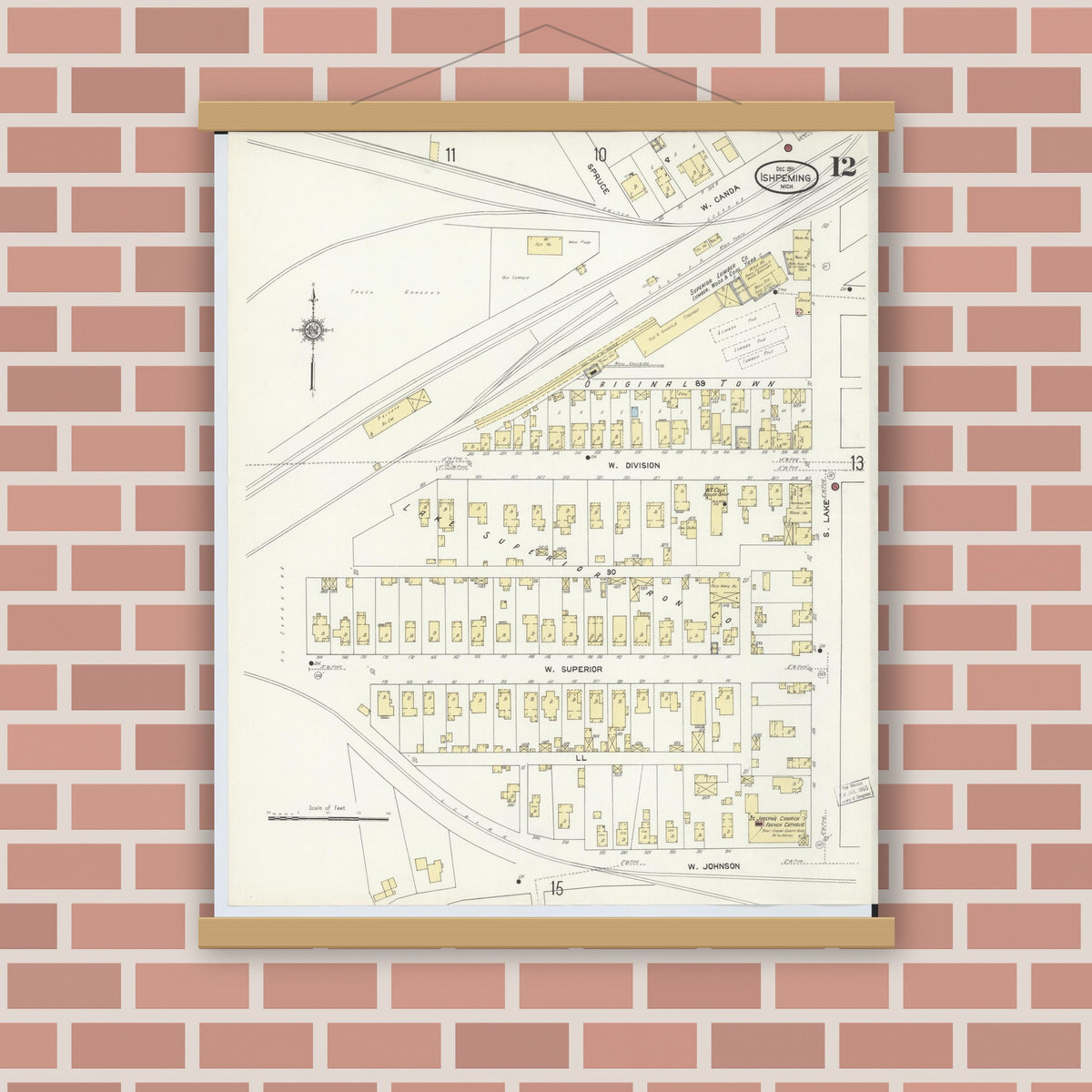 Old map wall art mockup — magnetic wood frame on brick wall — Sanborn Fire Insurance Map from Ishpeming, Marquette County, Michigan (1911), Sheet #0012