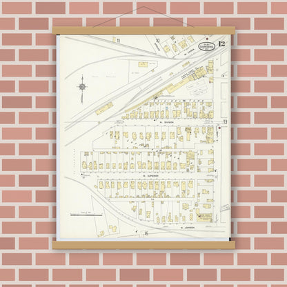 Old map wall art mockup — magnetic wood frame on brick wall — Sanborn Fire Insurance Map from Ishpeming, Marquette County, Michigan (1911), Sheet #0012