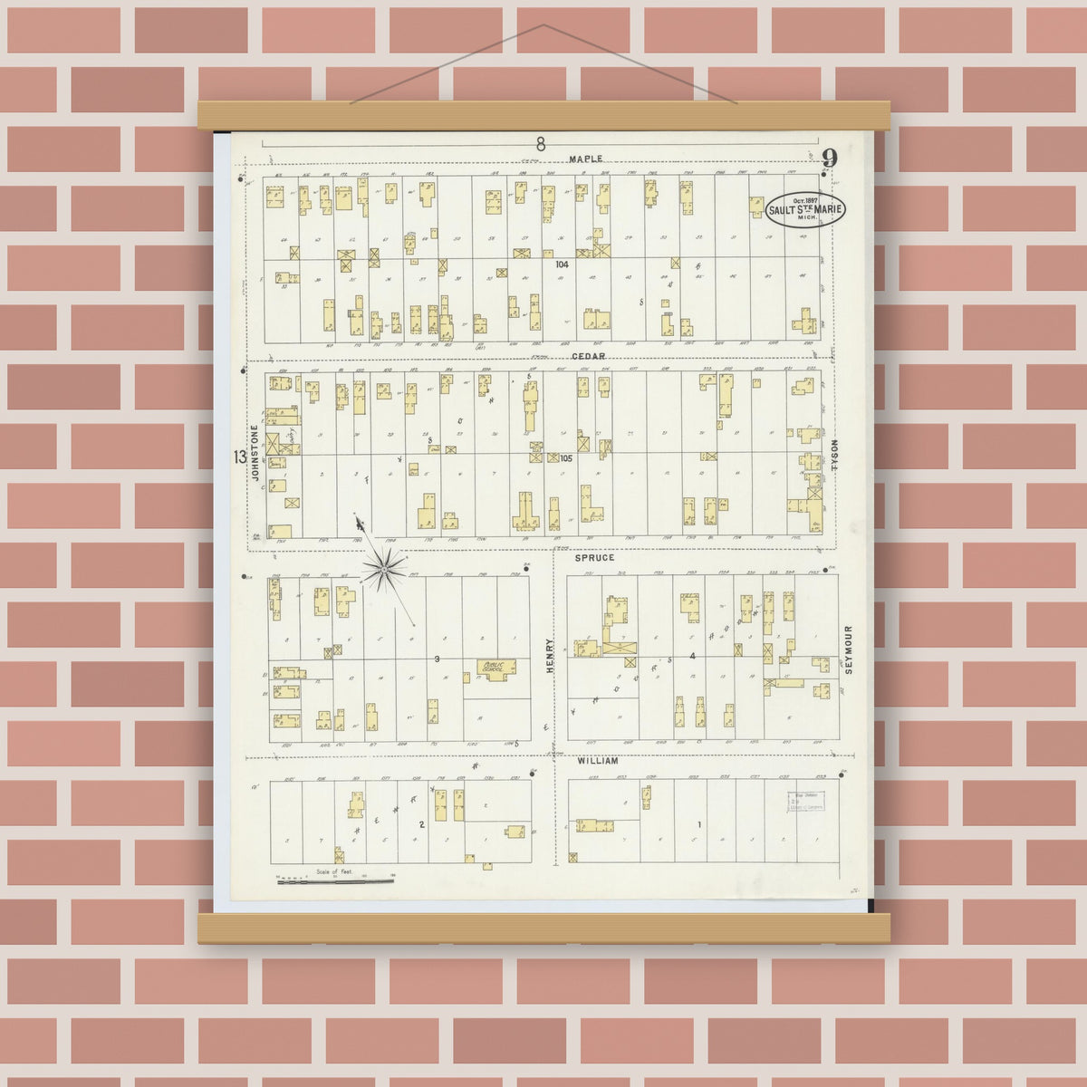 Old map wall art mockup — magnetic wood frame on brick wall — Sanborn Fire Insurance Map from Sault Sainte Marie, Chippewa County, Michigan (1897), Sheet #0009