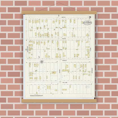 Old map wall art mockup — magnetic wood frame on brick wall — Sanborn Fire Insurance Map from Sault Sainte Marie, Chippewa County, Michigan (1897), Sheet #0009