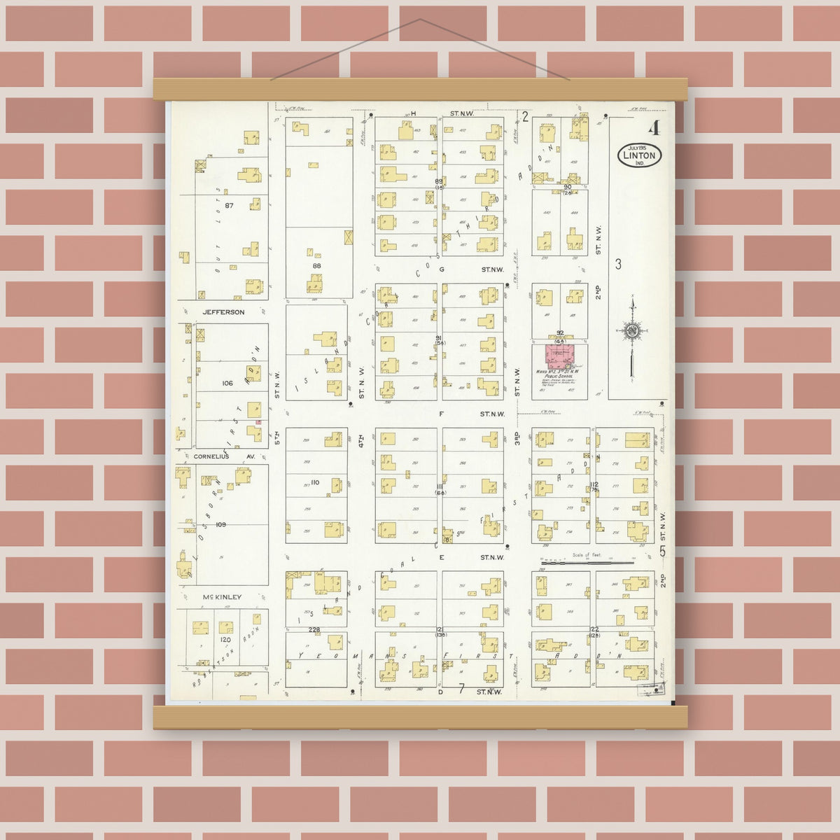 Old map wall art mockup — magnetic wood frame on brick wall — Sanborn Fire Insurance Map from Linton, Greene County, Indiana (1915), Sheet #0004