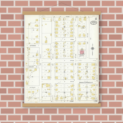 Old map wall art mockup — magnetic wood frame on brick wall — Sanborn Fire Insurance Map from Linton, Greene County, Indiana (1915), Sheet #0004