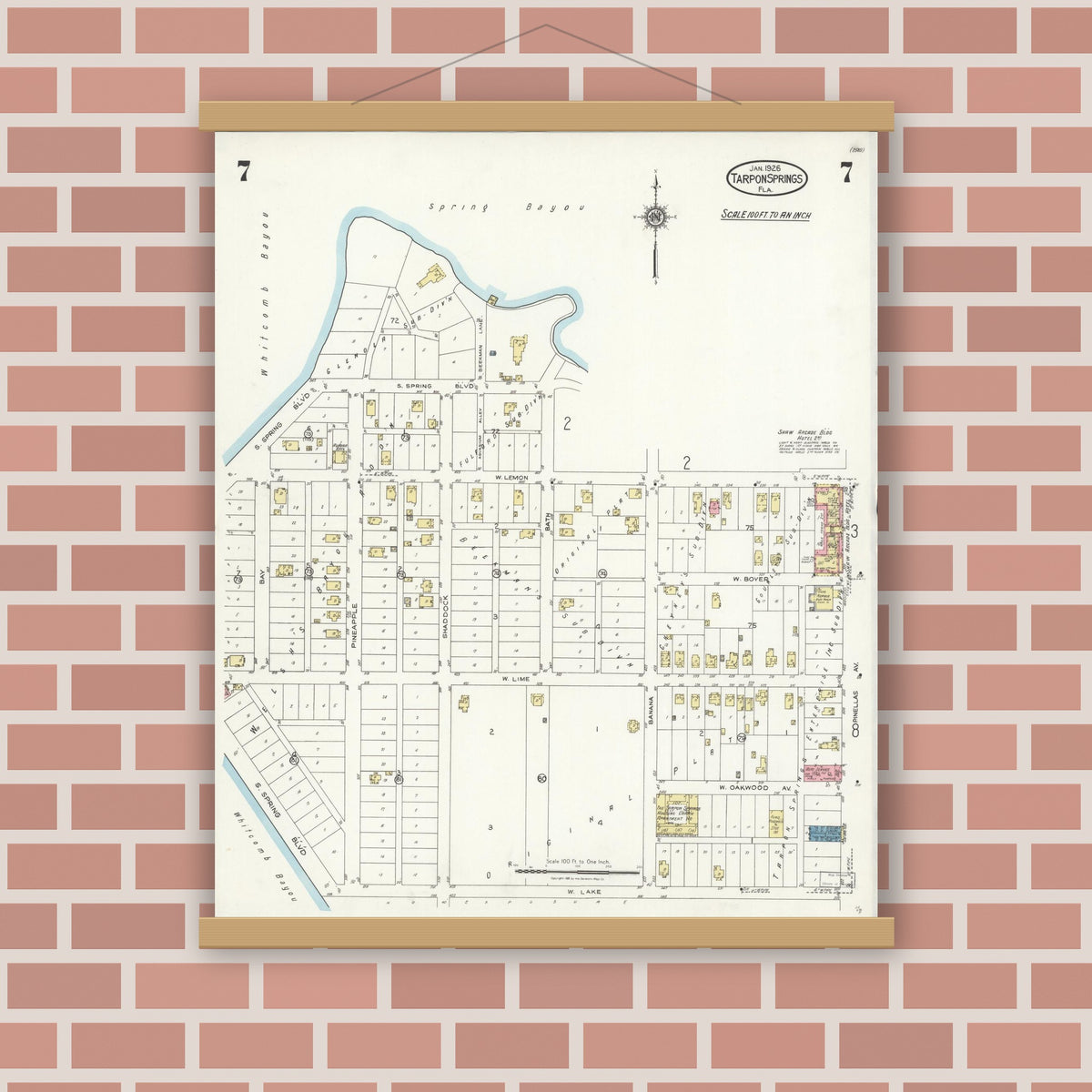 Old map wall art mockup — magnetic wood frame on brick wall — Sanborn Fire Insurance Map from Tarpon Springs, Pinellas County, Florida (1926), Sheet #0007