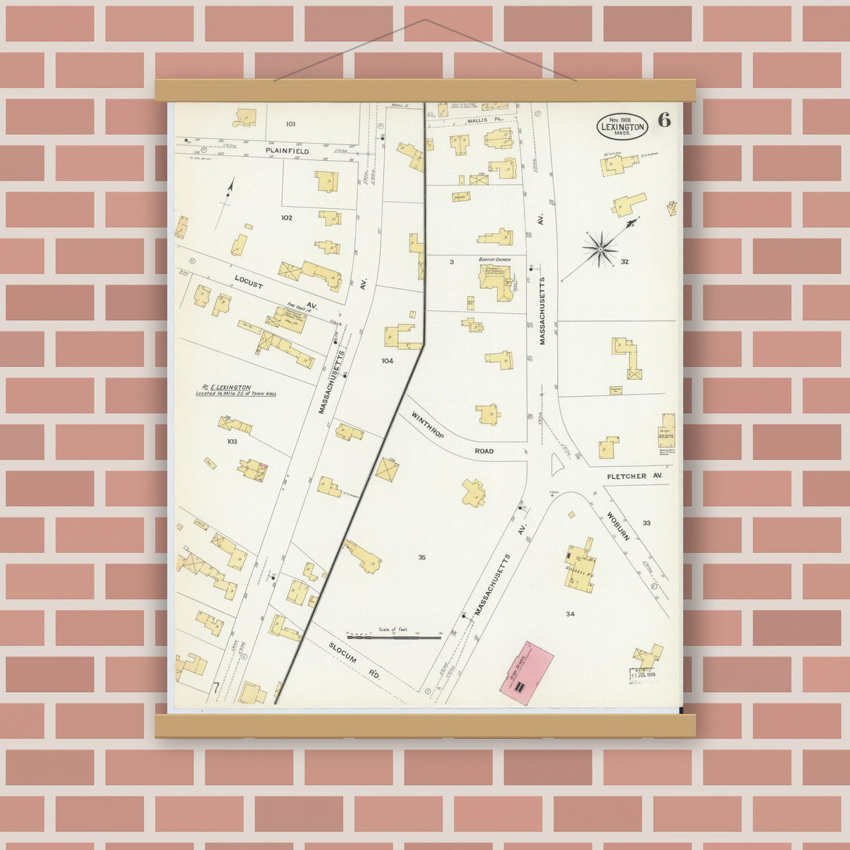 Old map wall art mockup — magnetic wood frame on brick wall — Sanborn Fire Insurance Map from Lexington, Middlesex County, Massachusetts (1908), Sheet #0006