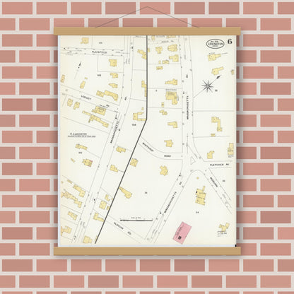 Old map wall art mockup — magnetic wood frame on brick wall — Sanborn Fire Insurance Map from Lexington, Middlesex County, Massachusetts (1908), Sheet #0006
