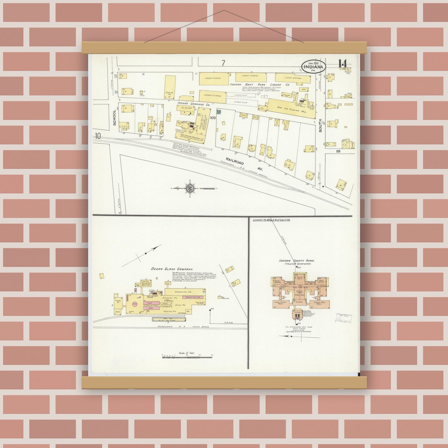 Old map wall art mockup — magnetic wood frame on brick wall — Sanborn Fire Insurance Map from Indiana, Indiana County, Pennsylvania (1910), Sheet #0014