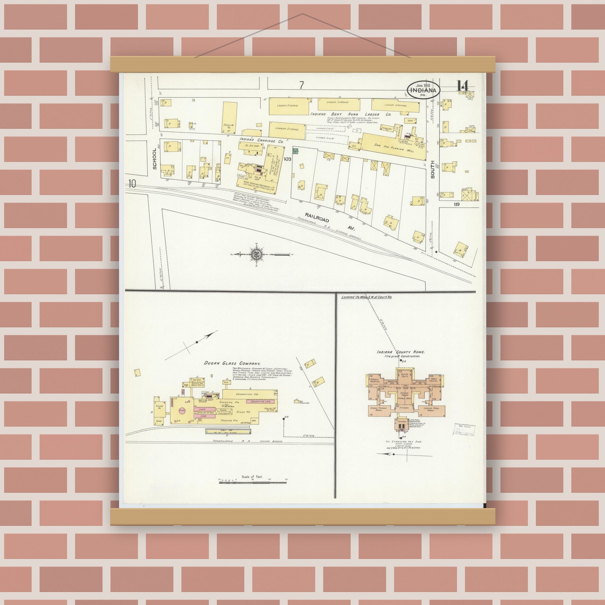 Old map wall art mockup — magnetic wood frame on brick wall — Sanborn Fire Insurance Map from Indiana, Indiana County, Pennsylvania (1910), Sheet #0014