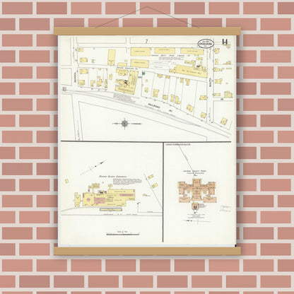 Old map wall art mockup — magnetic wood frame on brick wall — Sanborn Fire Insurance Map from Indiana, Indiana County, Pennsylvania (1910), Sheet #0014