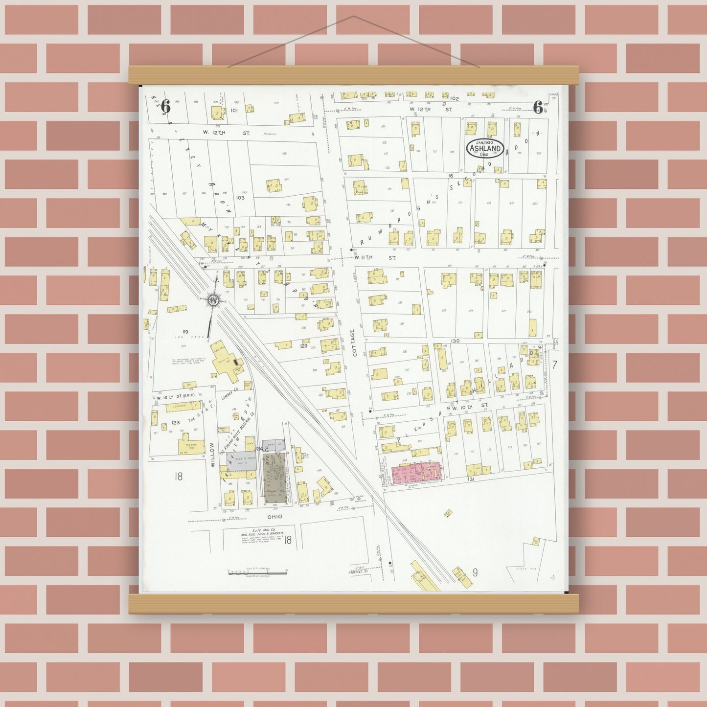 Old map wall art mockup — magnetic wood frame on brick wall — Sanborn Fire Insurance Map from Ashland, Ashland County, Ohio (1930), Sheet #0006