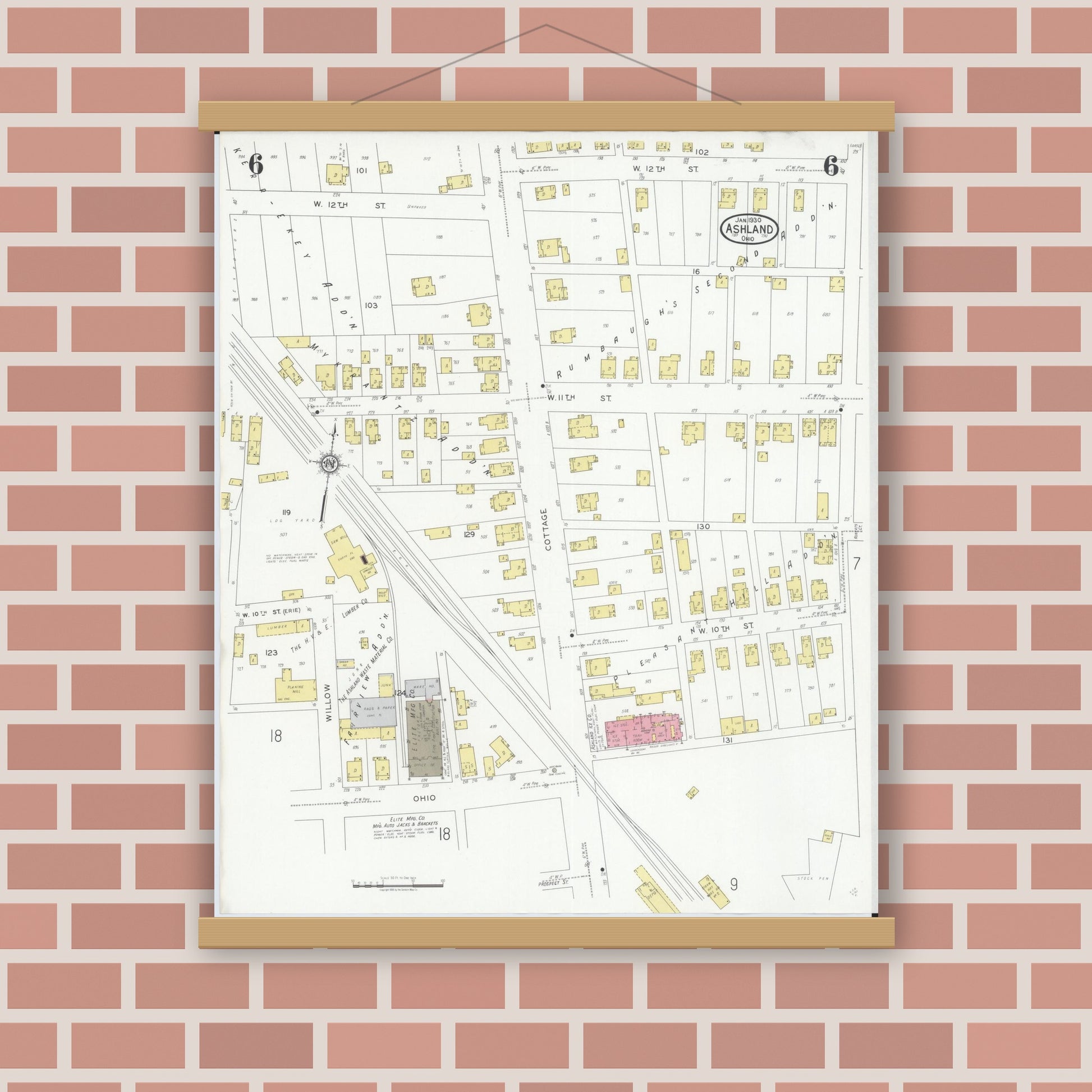 Old map wall art mockup — magnetic wood frame on brick wall — Sanborn Fire Insurance Map from Ashland, Ashland County, Ohio (1930), Sheet #0006