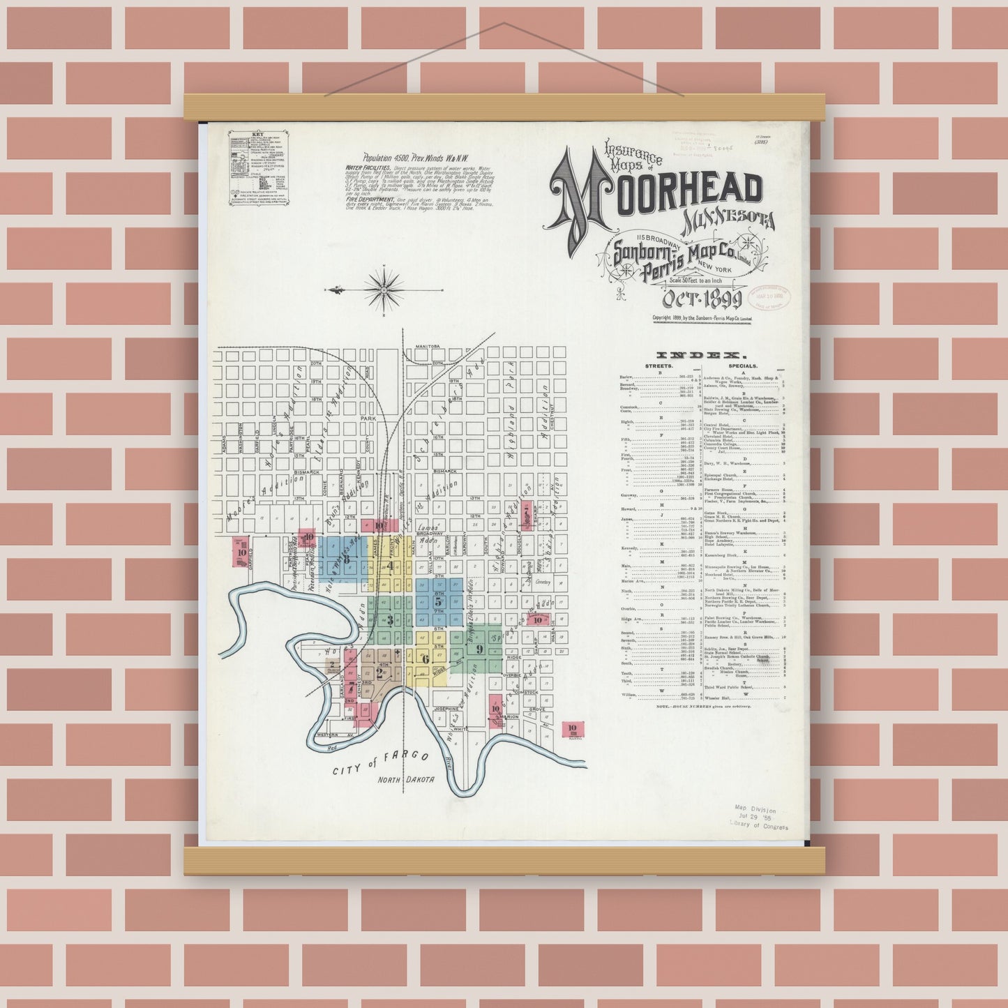 Old map wall art mockup — magnetic wood frame on brick wall — Sanborn Fire Insurance Map from Moorhead, Clay County, Minnesota (1899), Sheet #0001