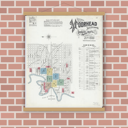 Old map wall art mockup — magnetic wood frame on brick wall — Sanborn Fire Insurance Map from Moorhead, Clay County, Minnesota (1899), Sheet #0001
