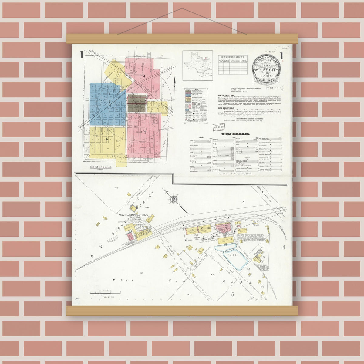 Old map wall art mockup — magnetic wood frame on brick wall — Sanborn Fire Insurance Map from Wolfe City, Hunt County, Texas (1934), Sheet #0001