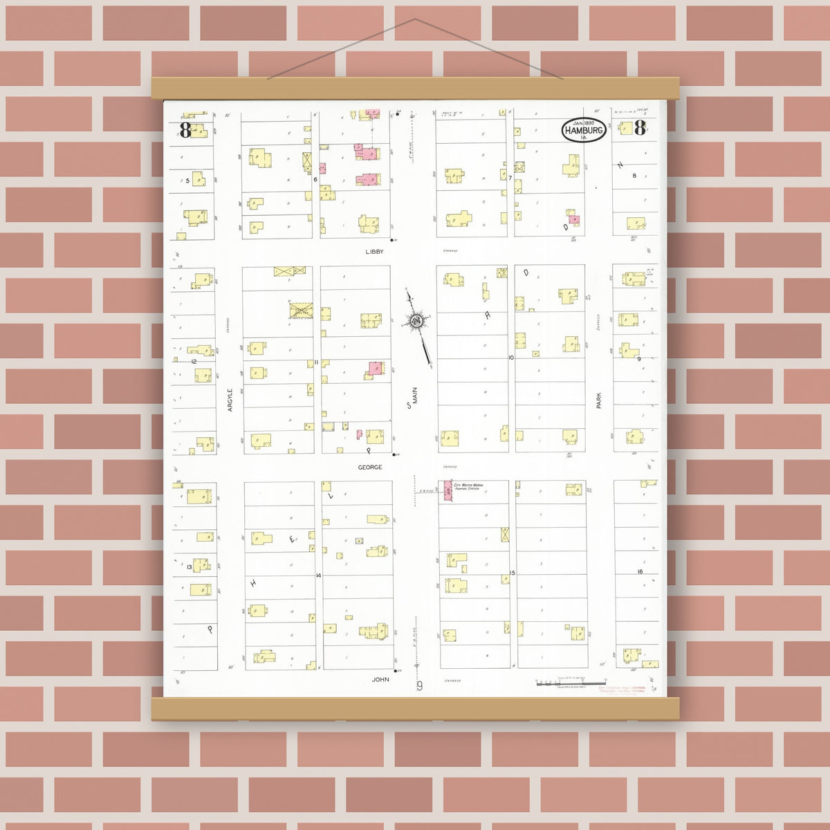 Old map wall art mockup — magnetic wood frame on brick wall — Sanborn Fire Insurance Map from Hamburg, Fremont County, Iowa (1930), Sheet #0008
