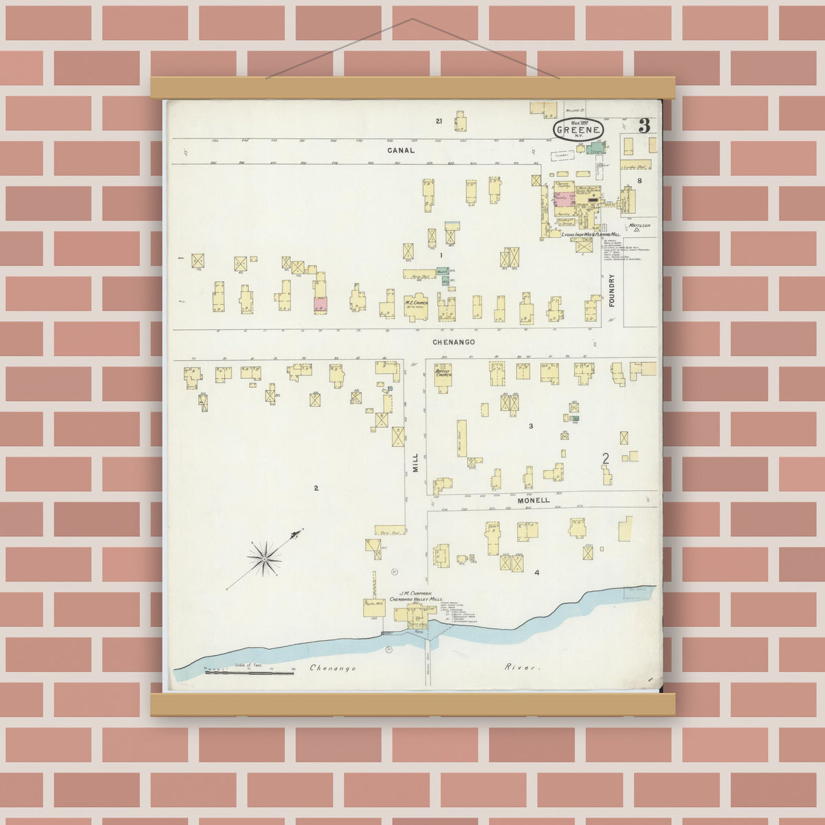 Old map wall art mockup — magnetic wood frame on brick wall — Sanborn Fire Insurance Map from Greene, Chenango County, New York (1897), Sheet #0003