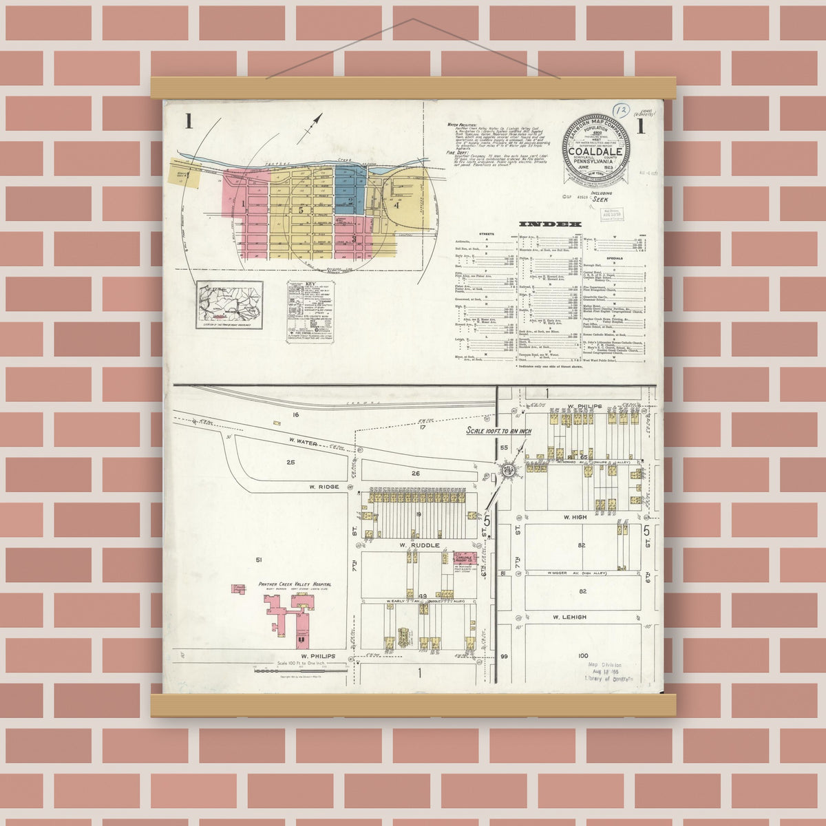 Old map wall art mockup — magnetic wood frame on brick wall — Sanborn Fire Insurance Map from Coaldale, Schuylkill County, Pennsylvania (1923), Sheet #0001