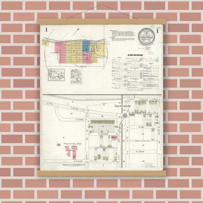 Old map wall art mockup — magnetic wood frame on brick wall — Sanborn Fire Insurance Map from Coaldale, Schuylkill County, Pennsylvania (1923), Sheet #0001