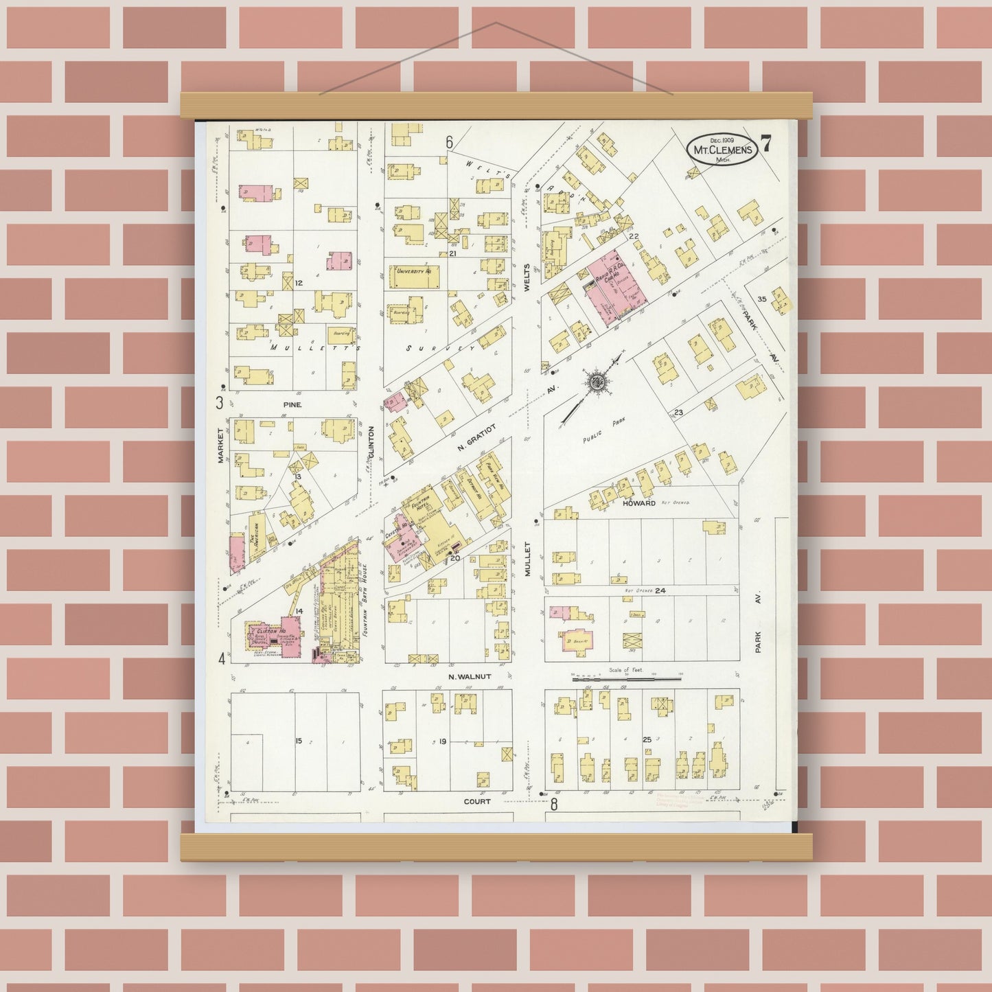 Old map wall art mockup — magnetic wood frame on brick wall — Sanborn Fire Insurance Map from Mount Clemens, Macomb County, Michigan (1909), Sheet #0007