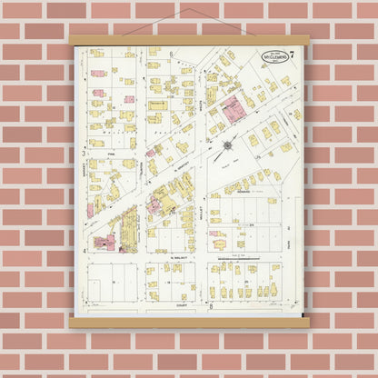 Old map wall art mockup — magnetic wood frame on brick wall — Sanborn Fire Insurance Map from Mount Clemens, Macomb County, Michigan (1909), Sheet #0007