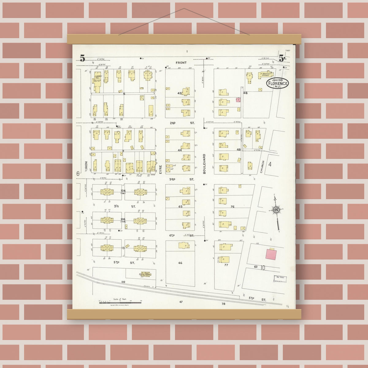 Old map wall art mockup — magnetic wood frame on brick wall — Sanborn Fire Insurance Map from Florence, Burlington County, New Jersey (1926), Sheet #0005